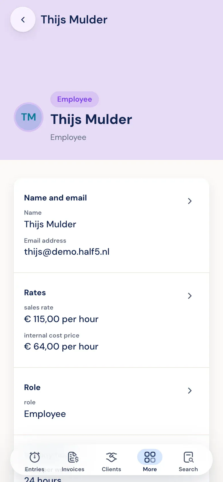 Ruolo, giorni lavorativi e tariffa di un collaboratore