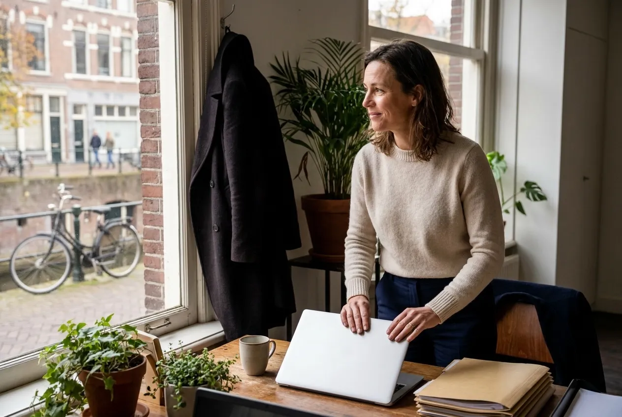 An accountant closes her laptop at 4:30 in her canal-side office