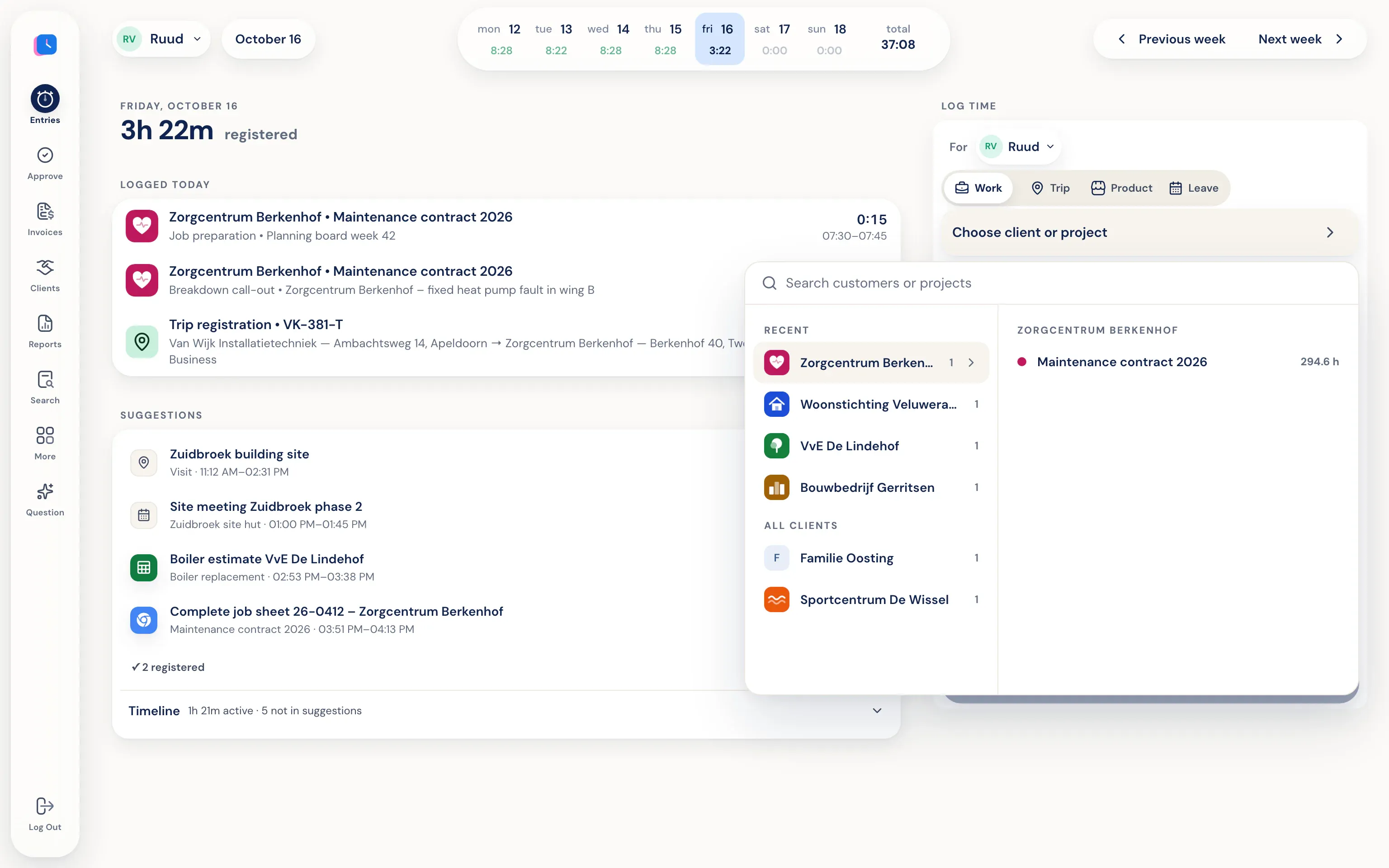 Entry form with client and project picker open