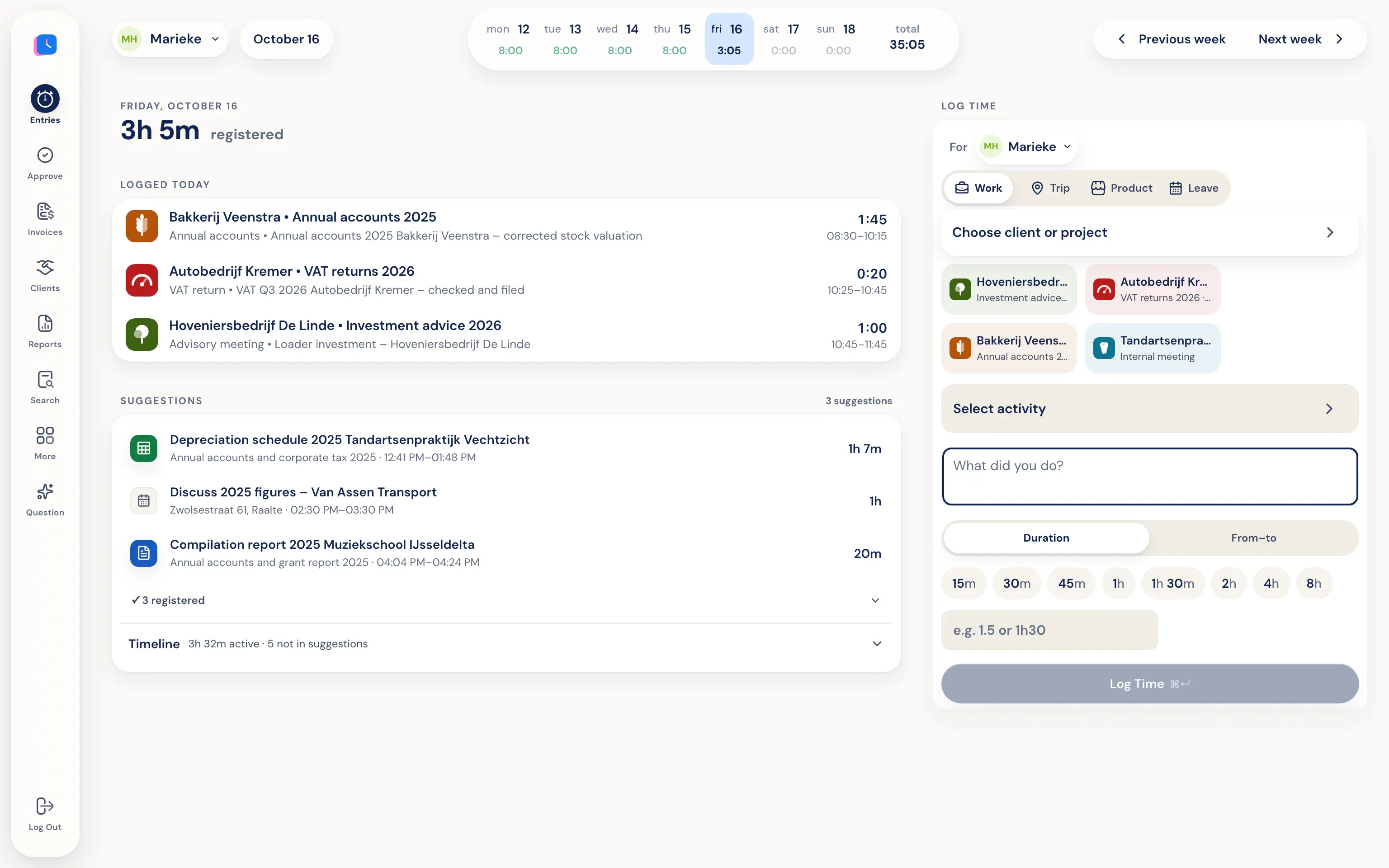 Suggerimenti da Excel, Exact Online e calendario sotto le ore registrate di un commercialista