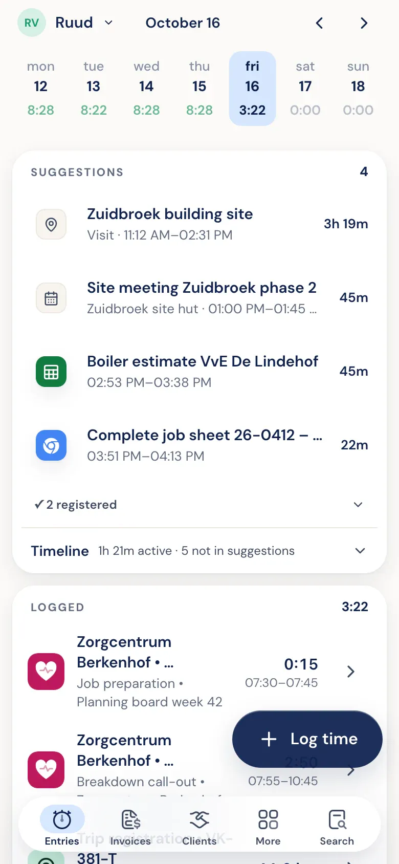 Pasiūlymai laiko juostoje, įskaitant susitikimą iš kalendoriaus