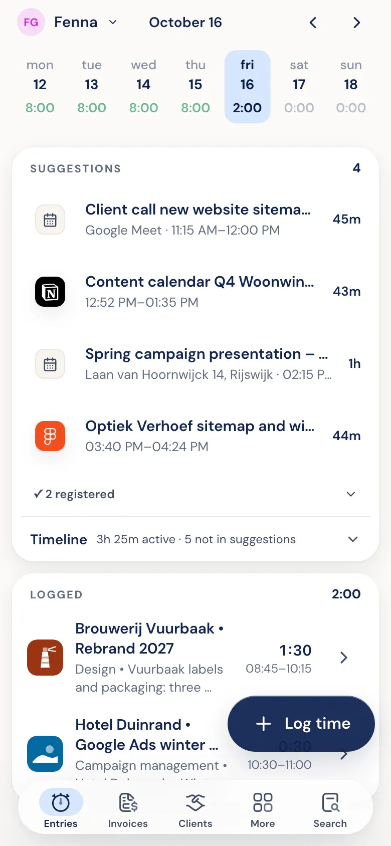 On the phone: Suggestions from Figma, Google Ads, Notion, and the calendar below today's logged hours