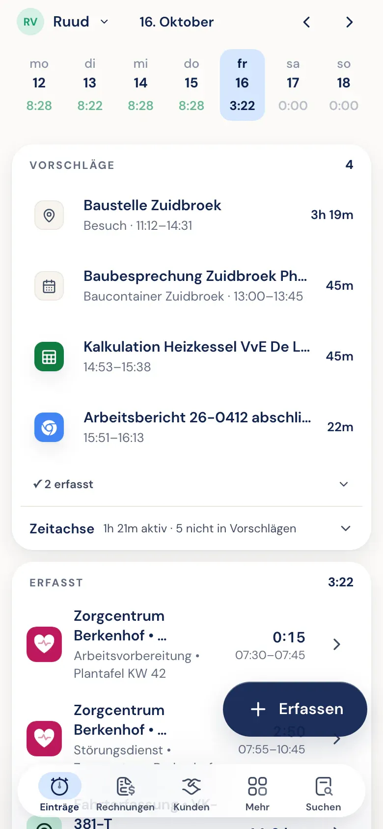 Vorschläge in der Timeline, mit einem Termin aus dem Kalender