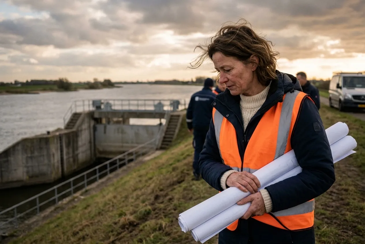 Eine Bauingenieurin prüft eine Schleuse am Deich