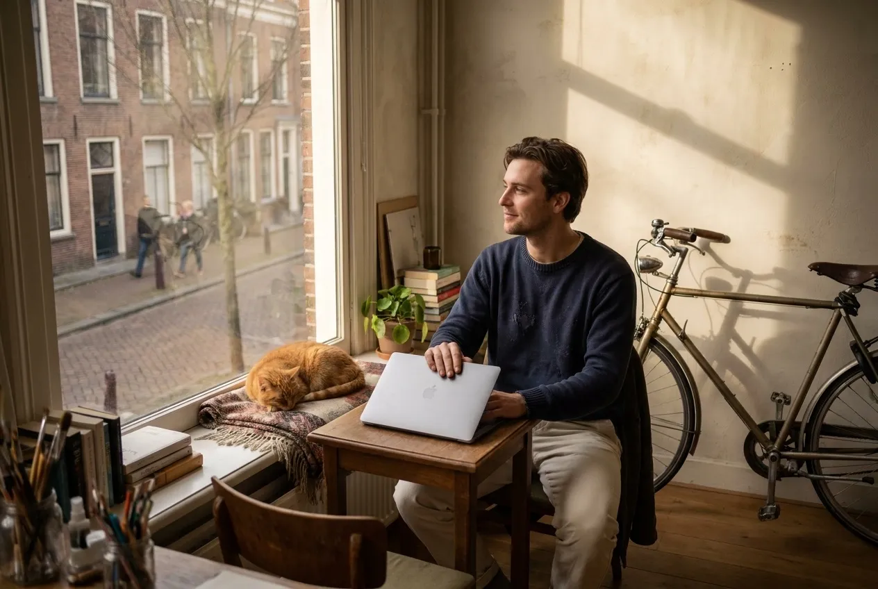 Ein Selbstständiger klappt am Fenster seinen Laptop zu