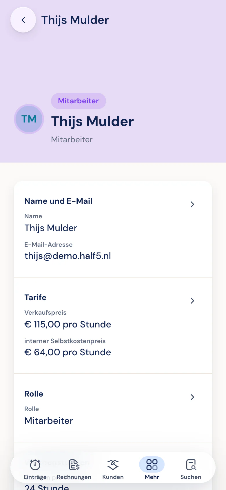 Rolle, Arbeitstage und Satz einer Person