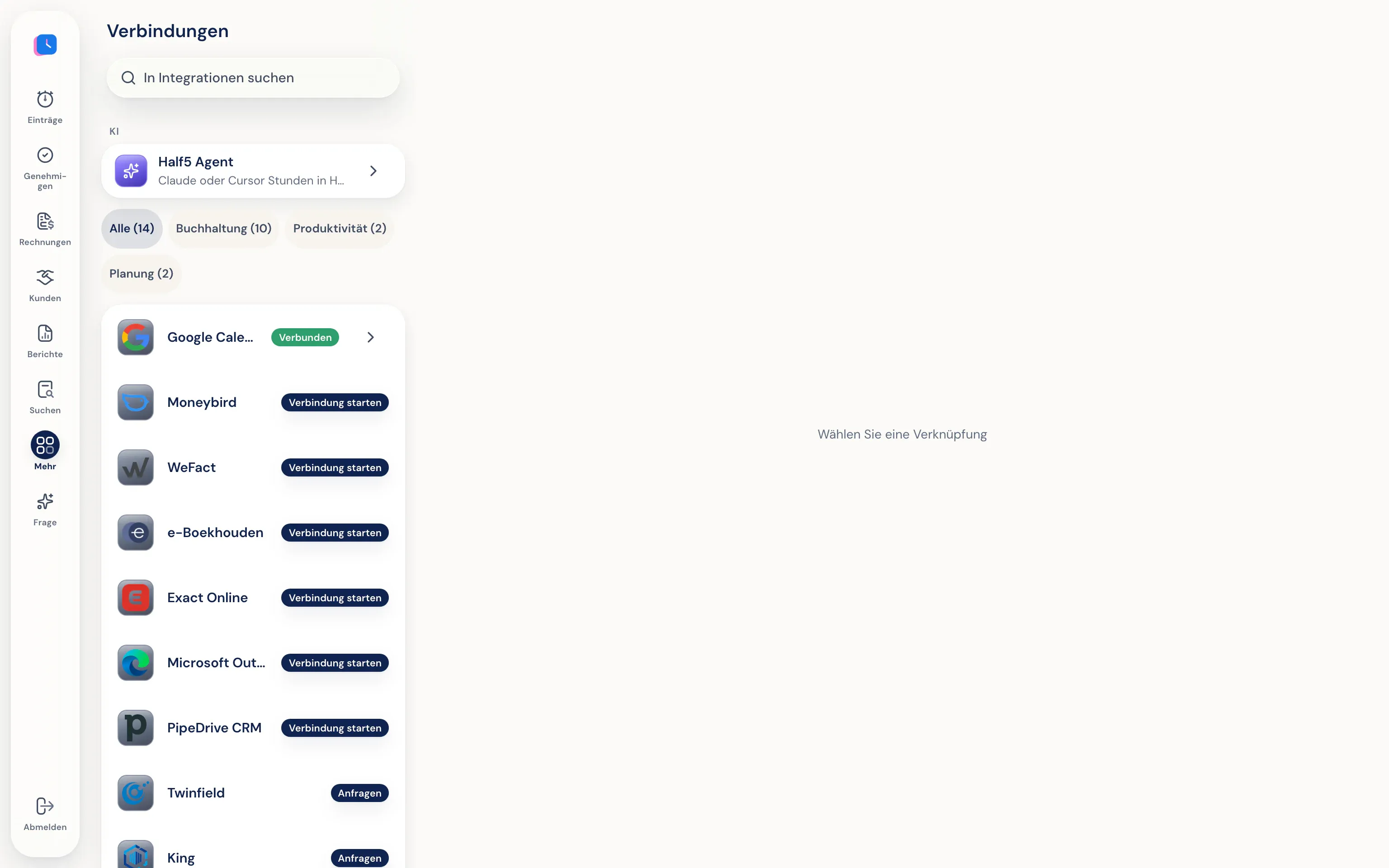 Verbindungen in Half5: Google Calendar, Moneybird, WeFact, e-Boekhouden, Exact Online und Outlook