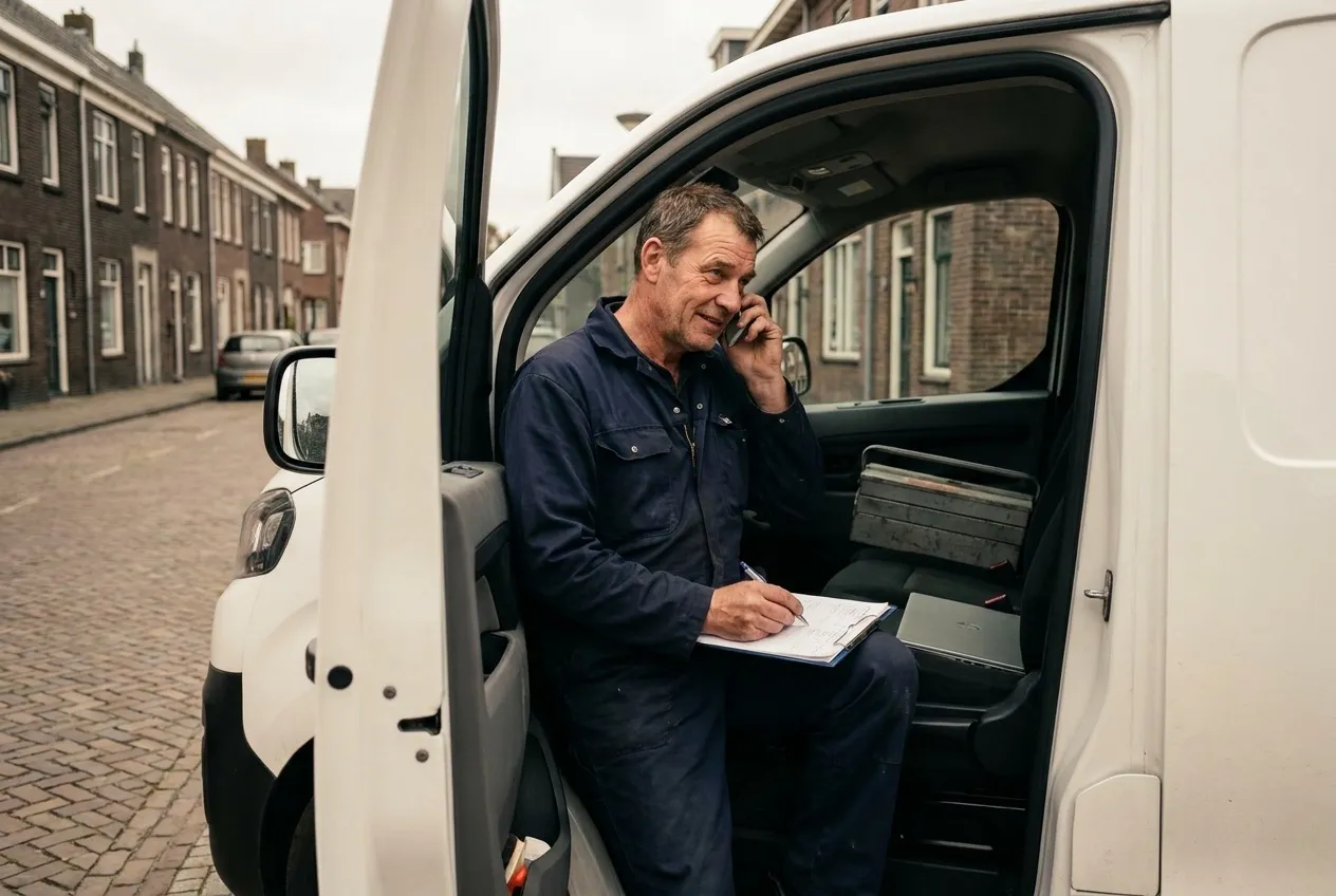 Ein Installateur telefoniert aus seinem Transporter mit einem Kunden