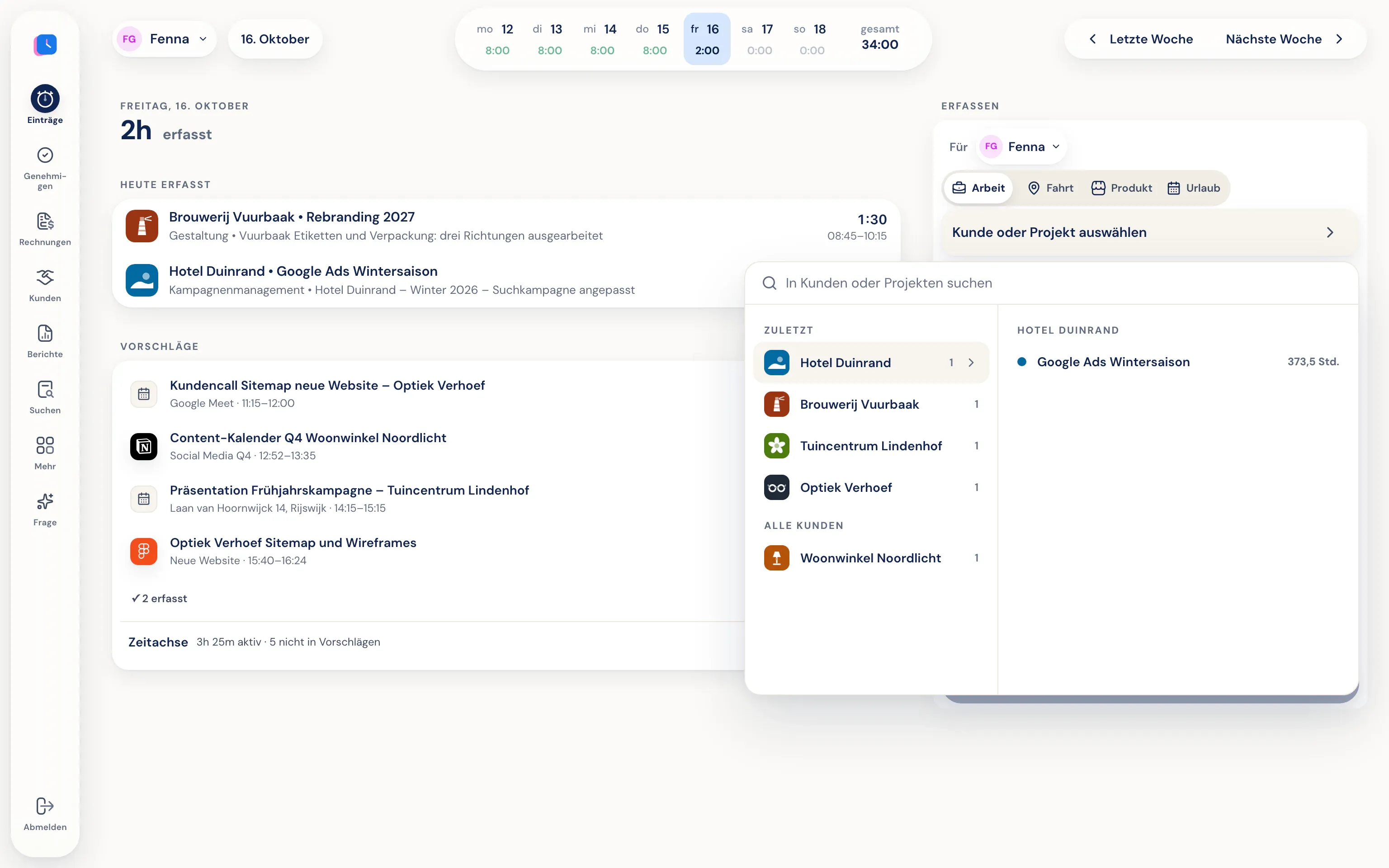 Eine Stunde in Half5 erfassen, mit Kunde, Projekt und Beschreibung