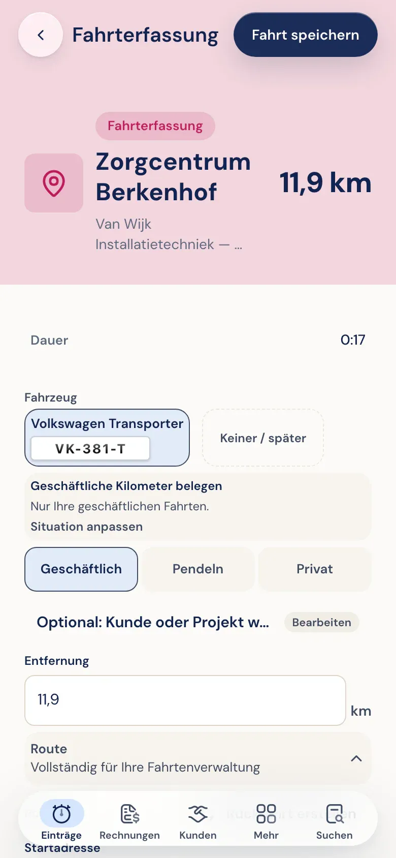 Eine erkannte Fahrt über 11,9 km mit Fahrzeug, Route und der Wahl geschäftlich, Arbeitsweg oder privat