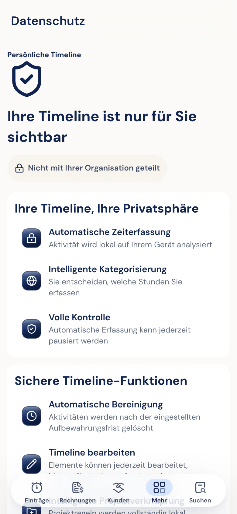Datenschutzeinstellungen der Timeline in Half5