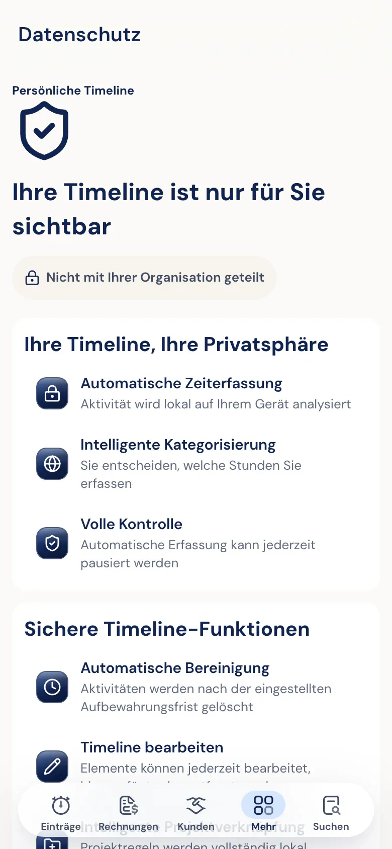 Datenschutz-Bildschirm in der Half5-App: deine Timeline ist nur für dich, nicht mit deiner Organisation geteilt