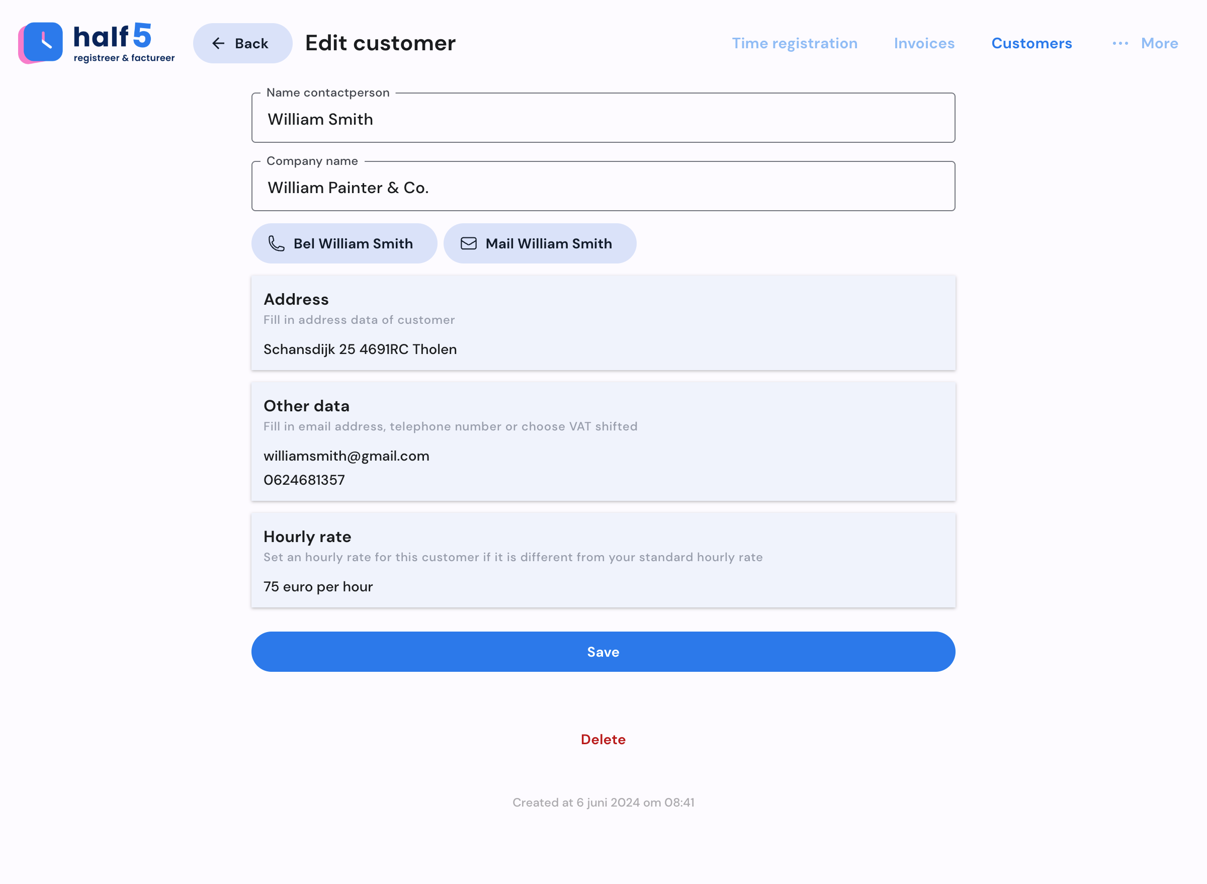 Half5 contact detail with invoice and rate data
