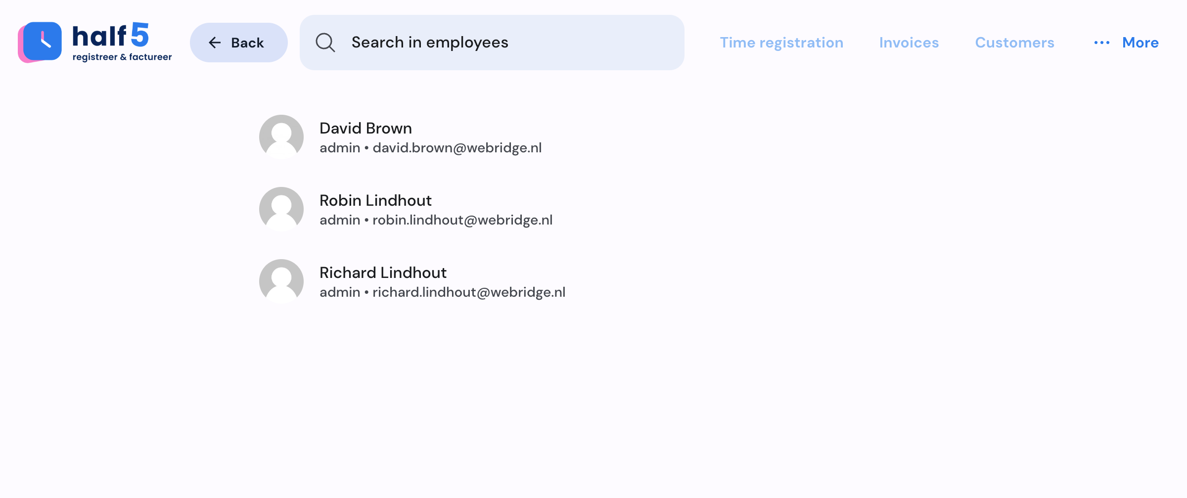 Half5 employee overview with team members and capacity
