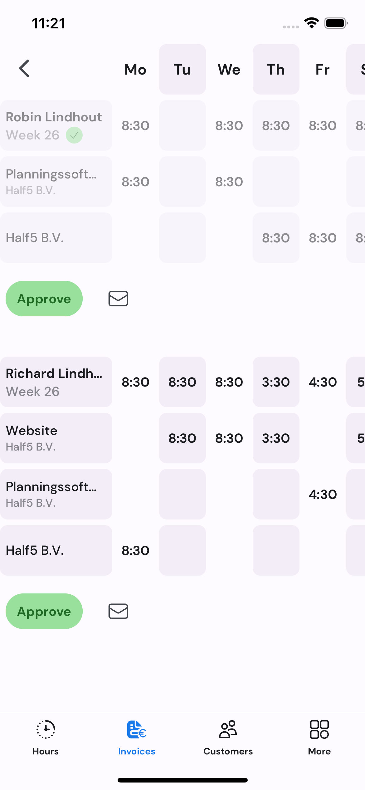 Half5 approved hours on mobile