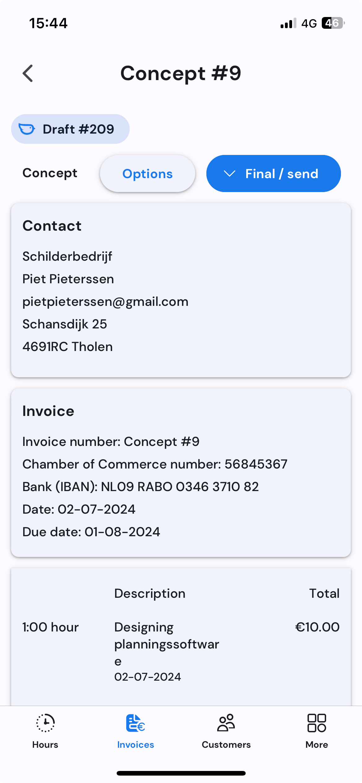 Details of invoice with accounting connections on mobile