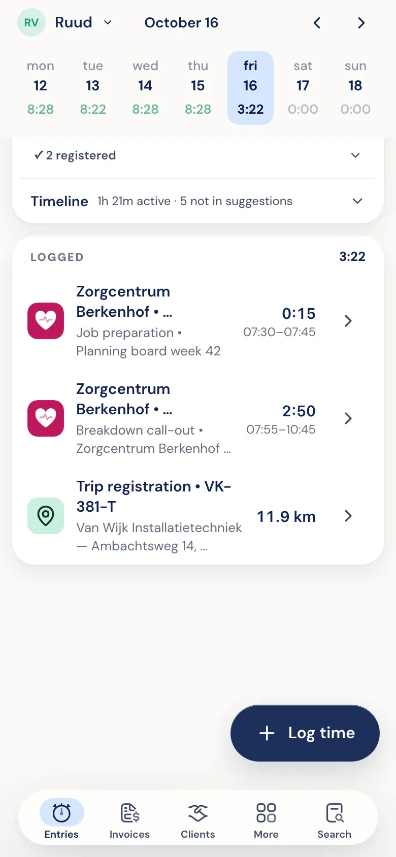 On the phone: Logging form with the client and project picker open