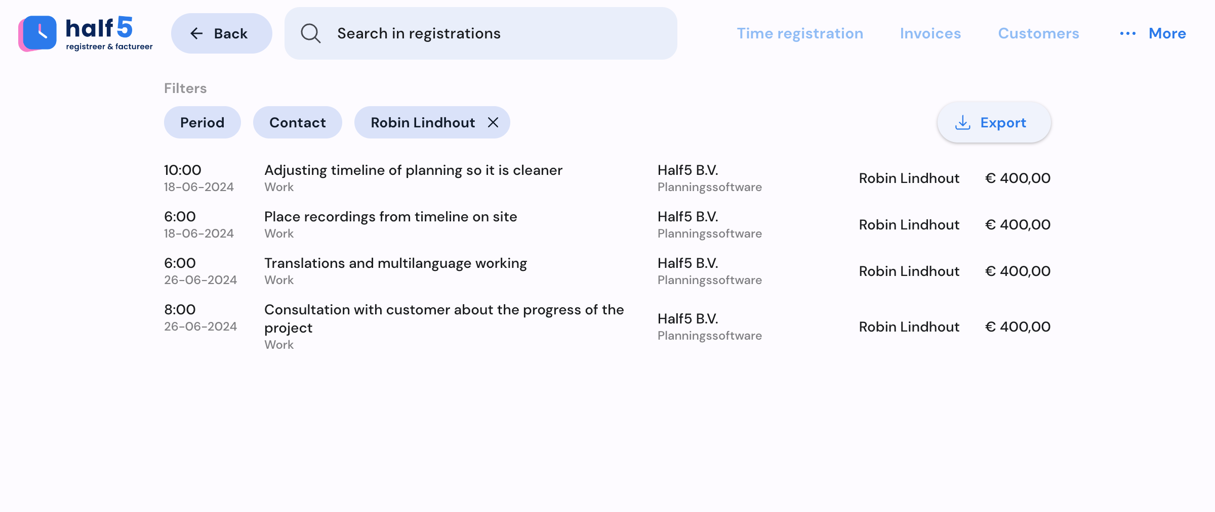 Half5 report overview with approved hours