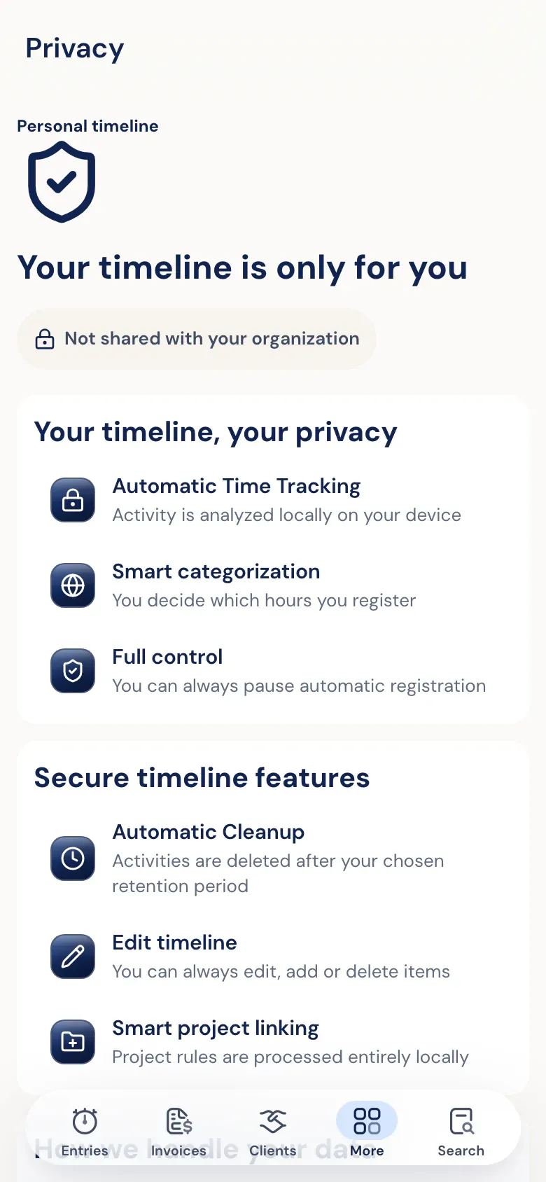 Privacy screen in the Half5 app: your timeline is only for you, not shared with your organisation