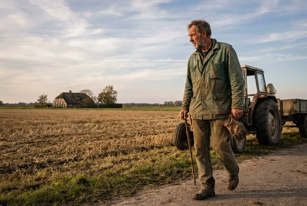 Un agriculteur longe son champ près du tracteur