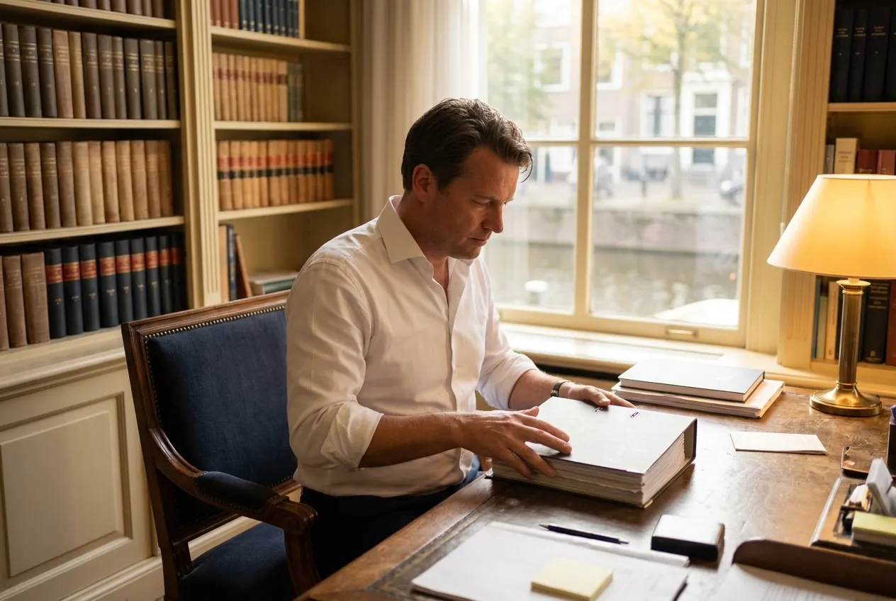 Un avocat referme un dossier dans une maison de canal