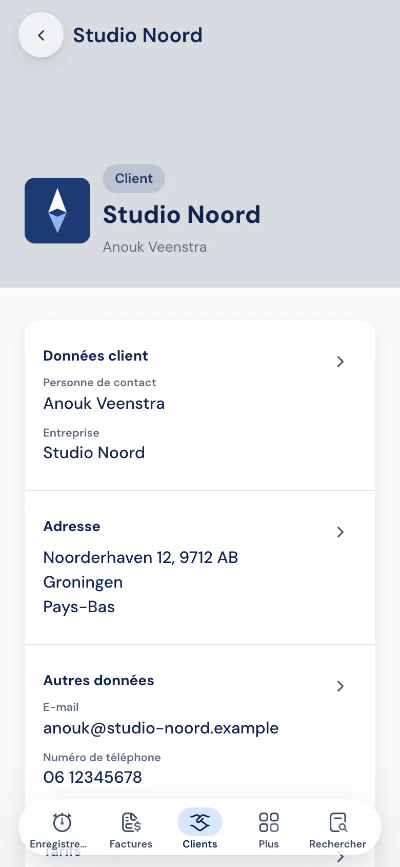 Fiche d'un client dans l'app Half5