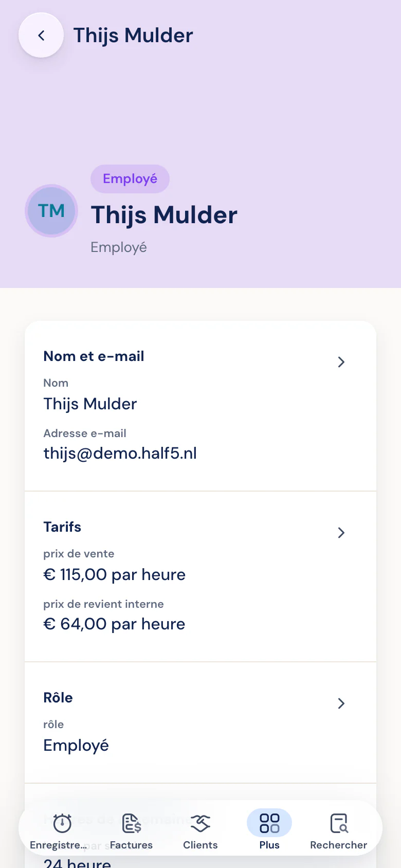Rôle, jours travaillés et tarif d'un collaborateur