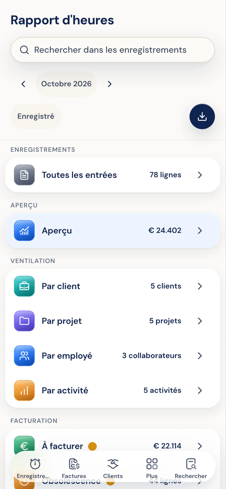 Rapport d'heures avec filtres