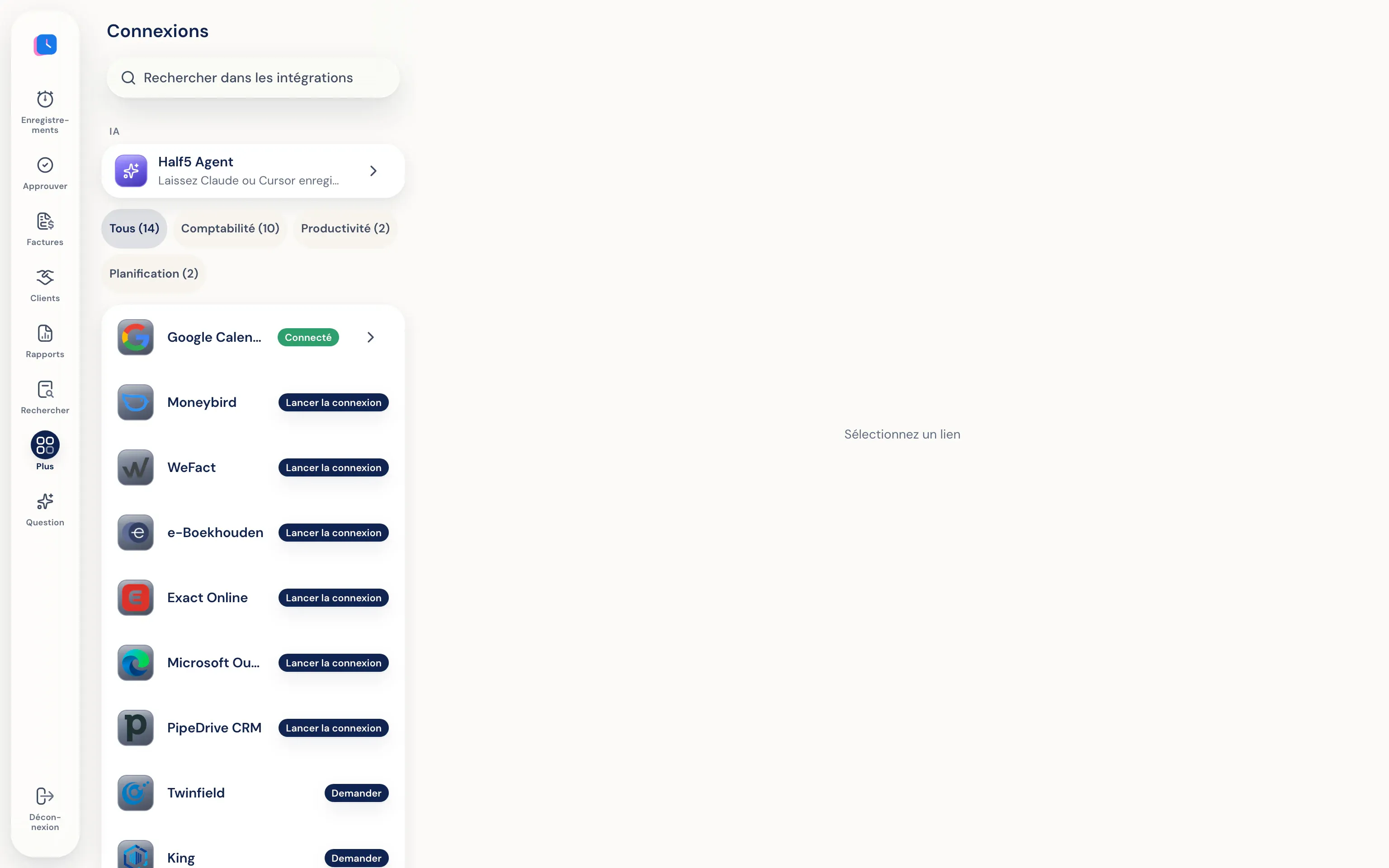 Connexions dans Half5 : Google Calendar, Moneybird, WeFact, e-Boekhouden, Exact Online et Outlook