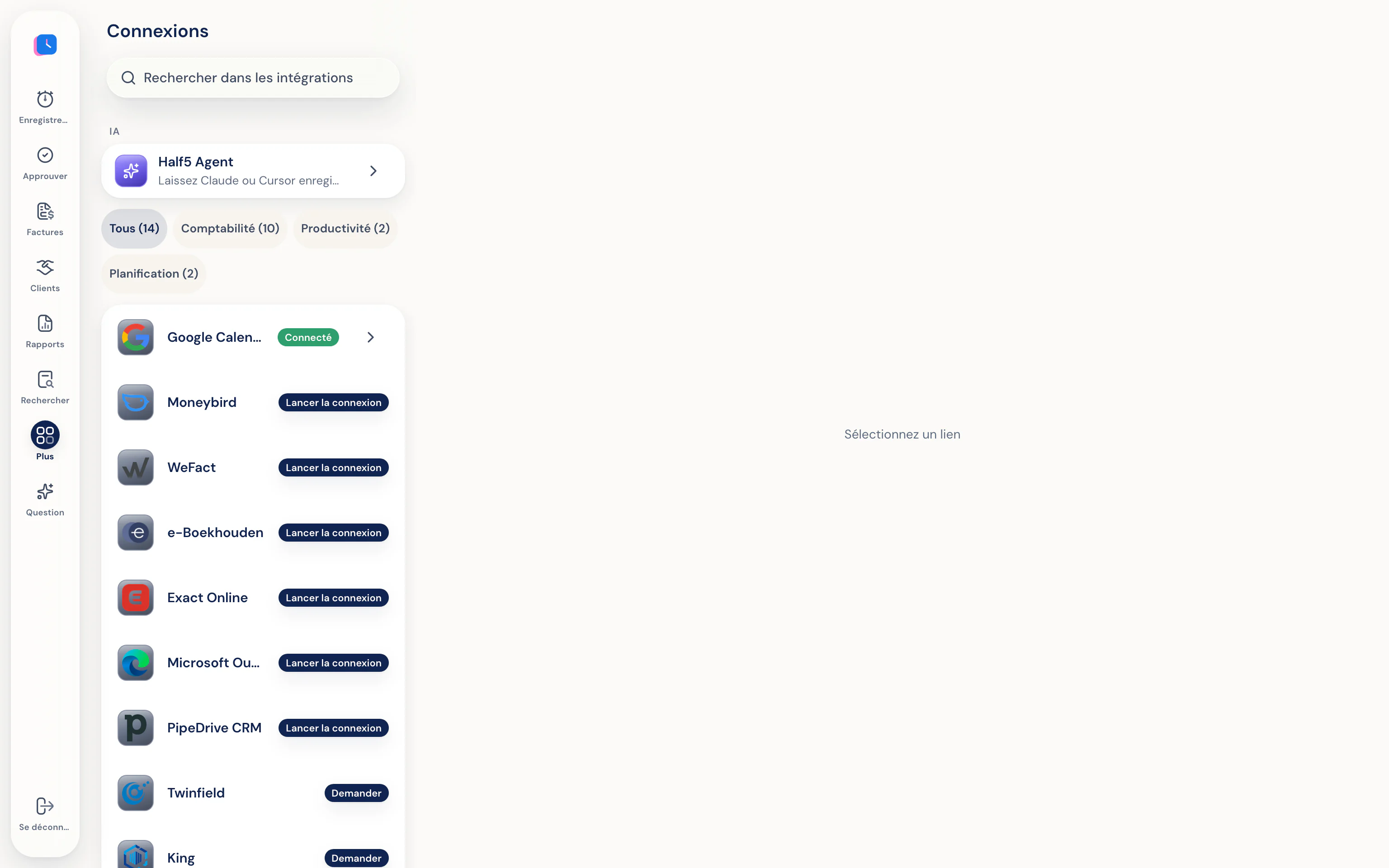 Connexions comptabilité et agenda dans Half5
