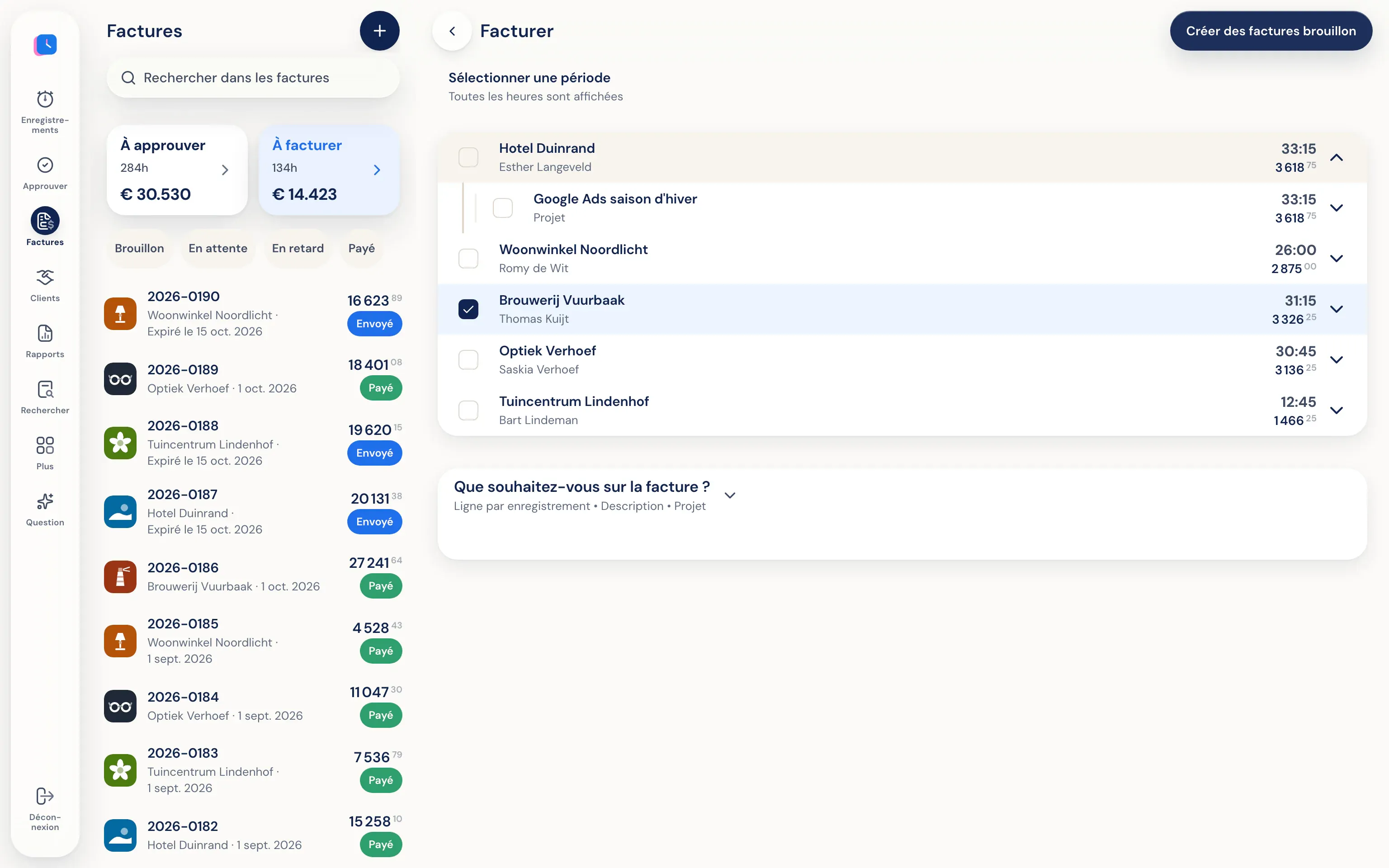 Facturation : heures et montants à facturer par client, prêts pour créer des brouillons