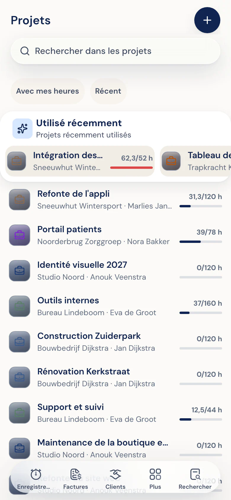 Liste des projets dans l'app Half5