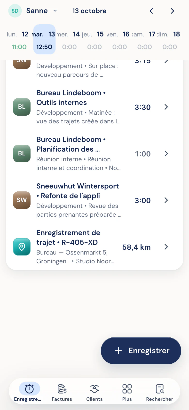 Vue de la journée dans l'app Half5