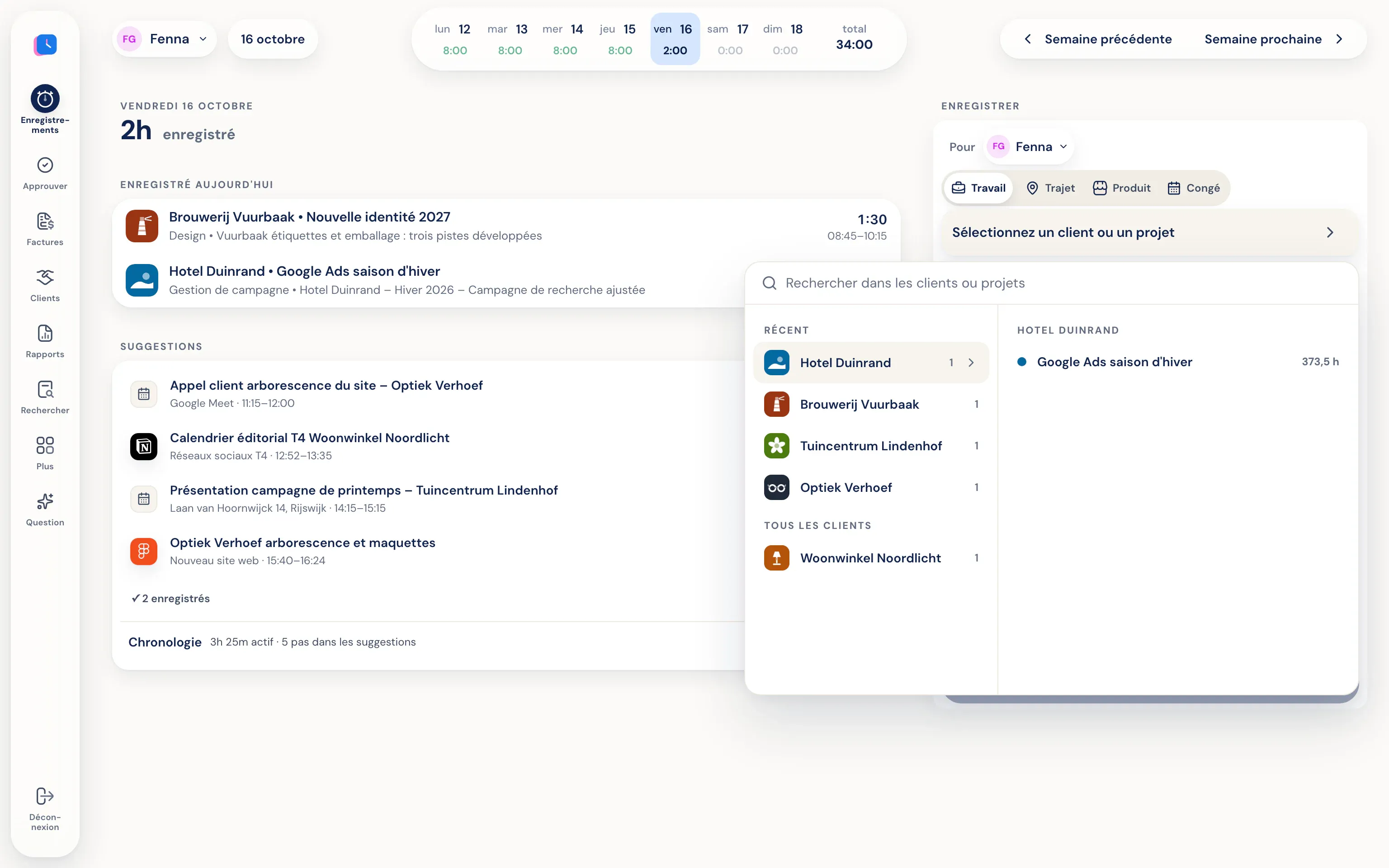 Saisir une heure dans Half5 avec client, projet et description