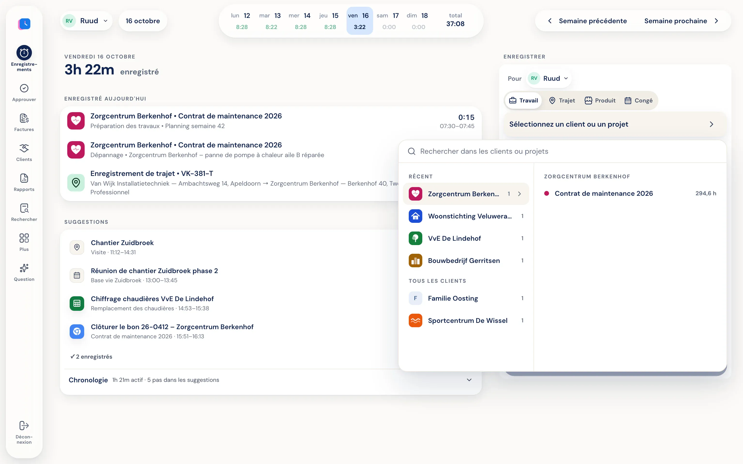 Formulaire de saisie avec le sélecteur de client et de projet ouvert