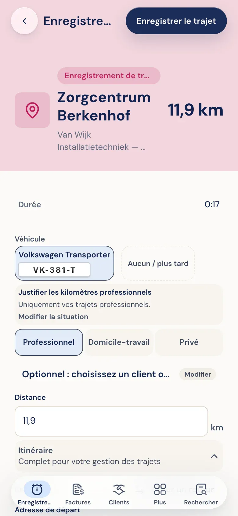 Un trajet reconnu de 11,9 km avec véhicule, itinéraire et le choix professionnel, domicile-travail ou privé