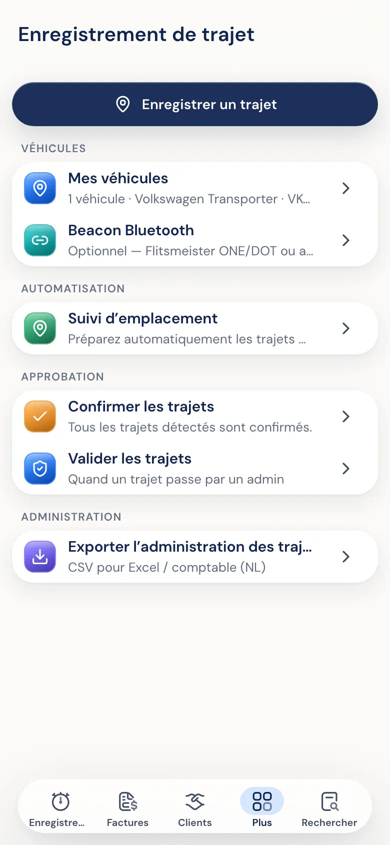 Véhicules, trajets détectés automatiquement et validation dans l’app Half5