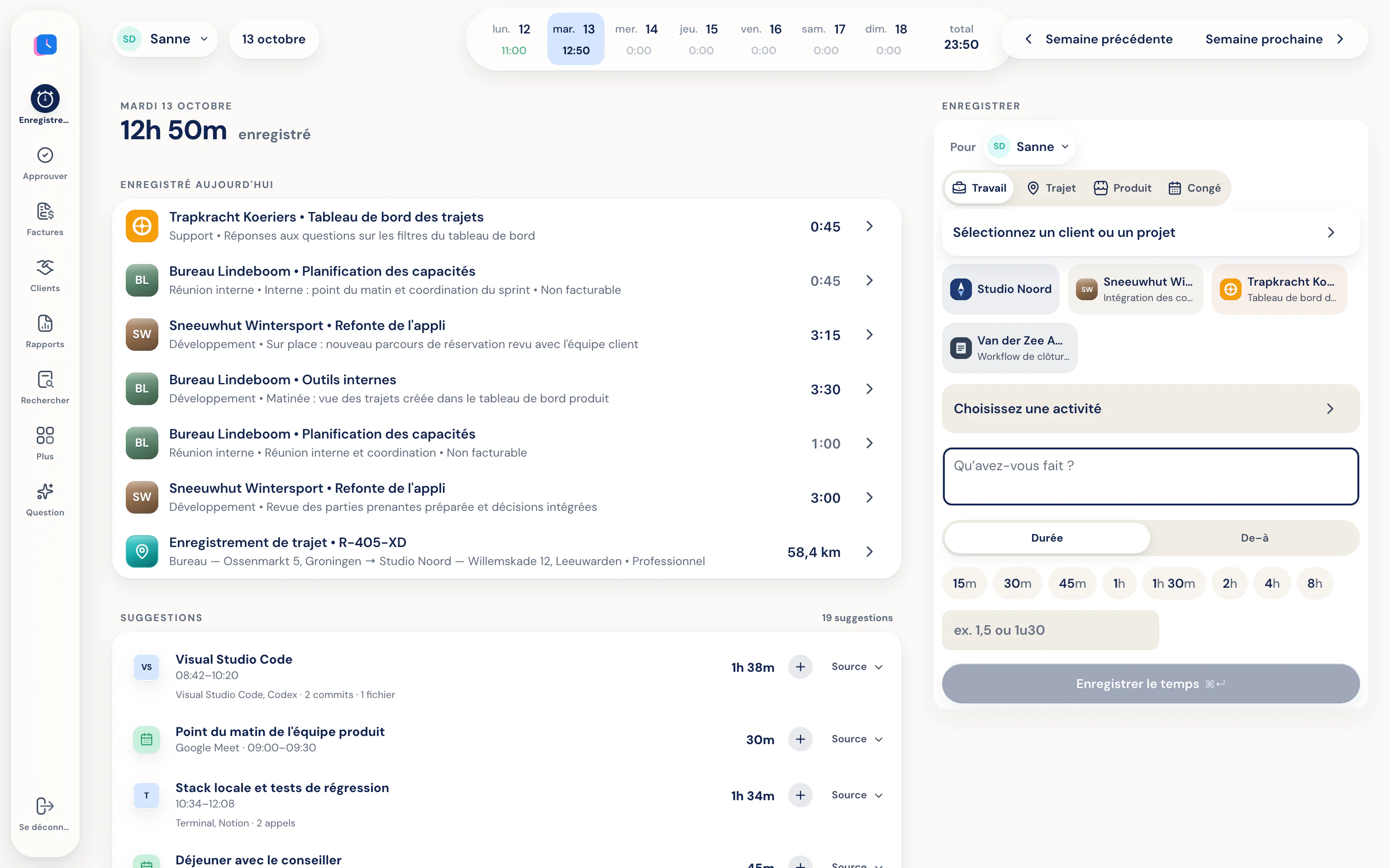 Des suggestions sous les heures saisies aujourd'hui dans Half5