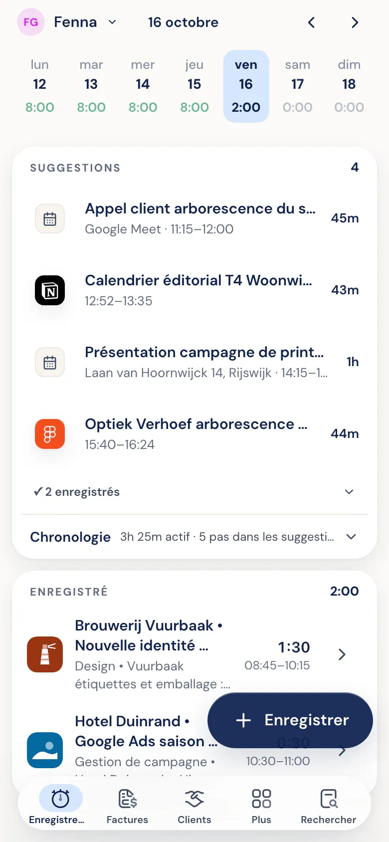 Sur le téléphone: Des suggestions issues de Figma, Google Ads, Notion et de l'agenda sous les heures saisies aujourd'hui