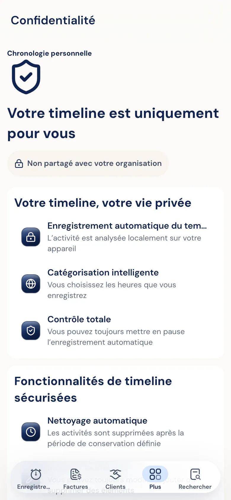 Écran de confidentialité de l'app Half5 : votre chronologie est pour vous seul, non partagée avec votre organisation