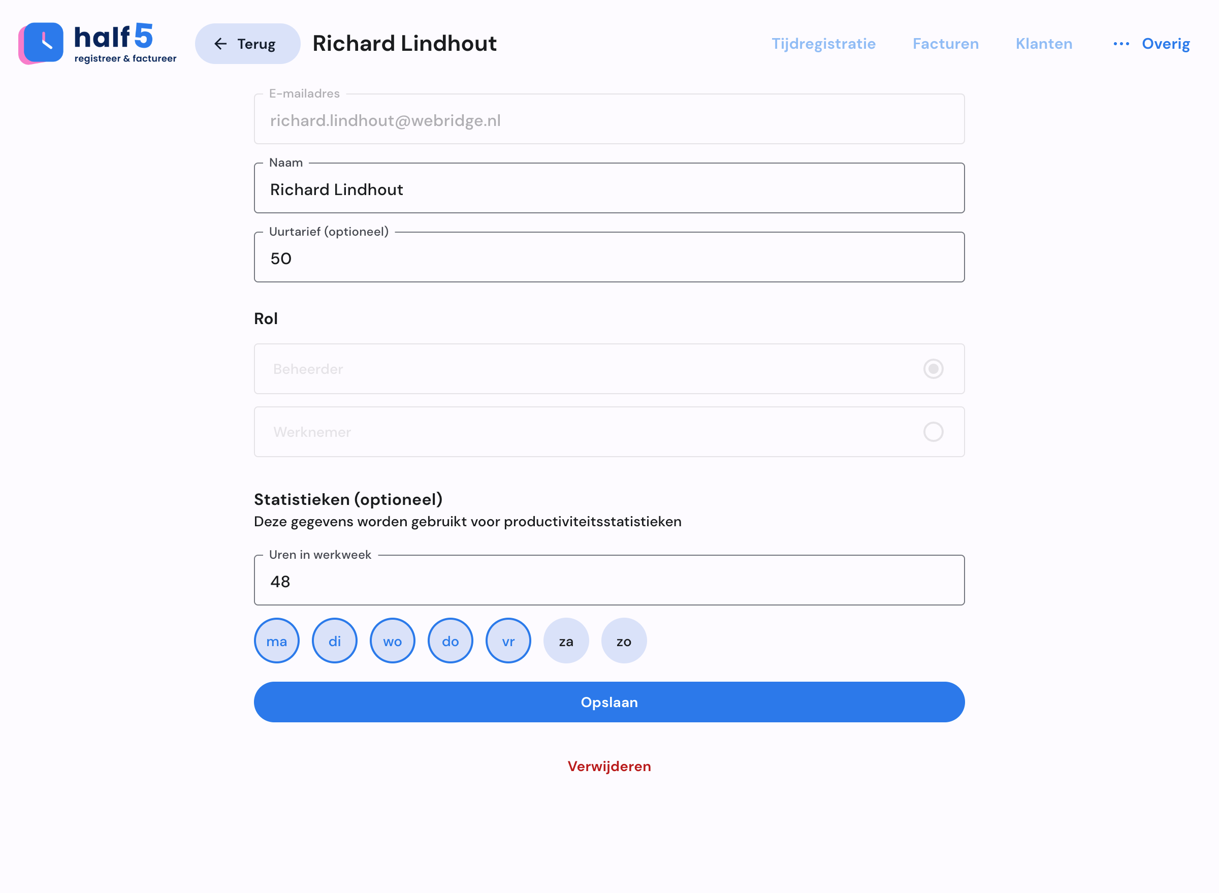Half5 medewerkerdetail met werkdagen en tarieven
