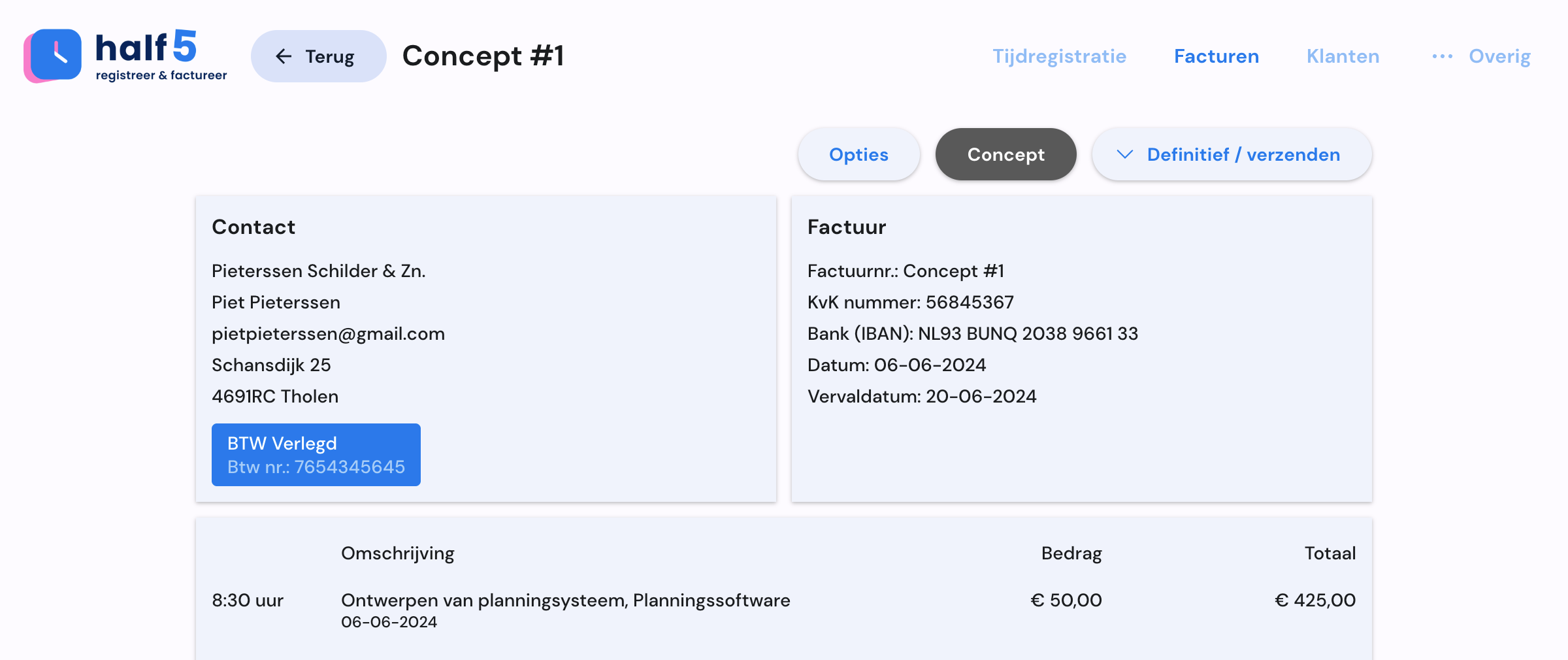 Half5 conceptfactuur vanuit geregistreerde uren