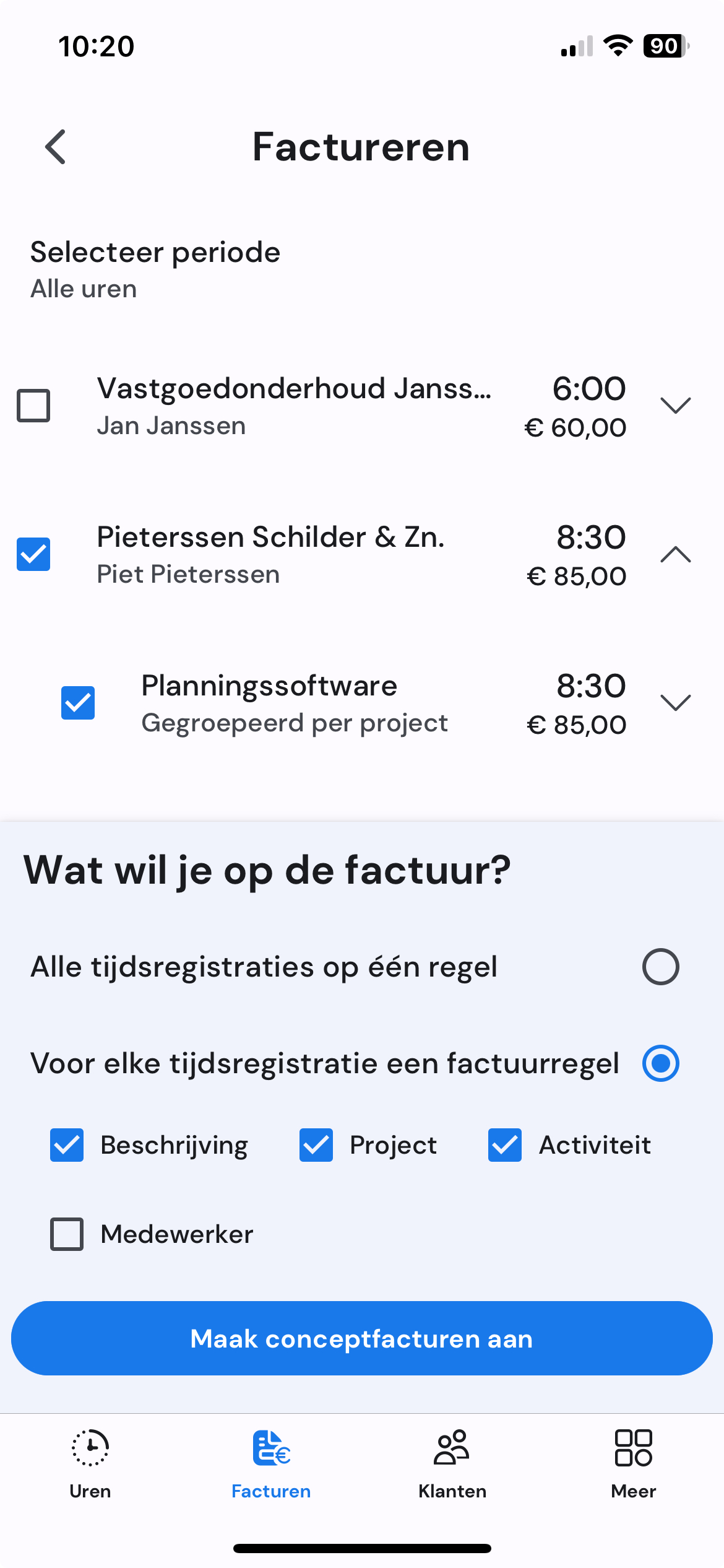 Factuuroverzicht met goedgekeurde uren op mobiel