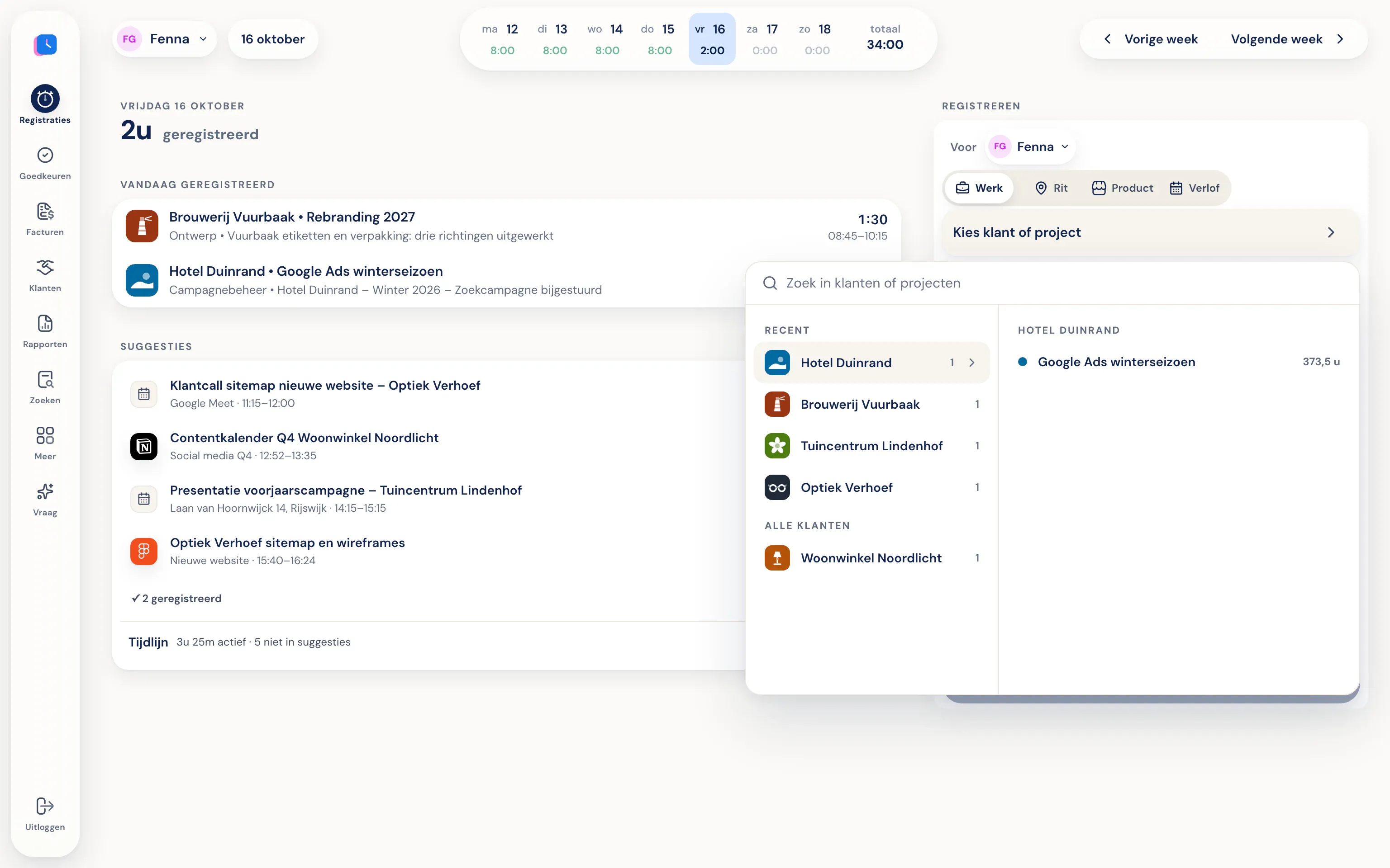 Een uur registreren in Half5 met klant, project en omschrijving