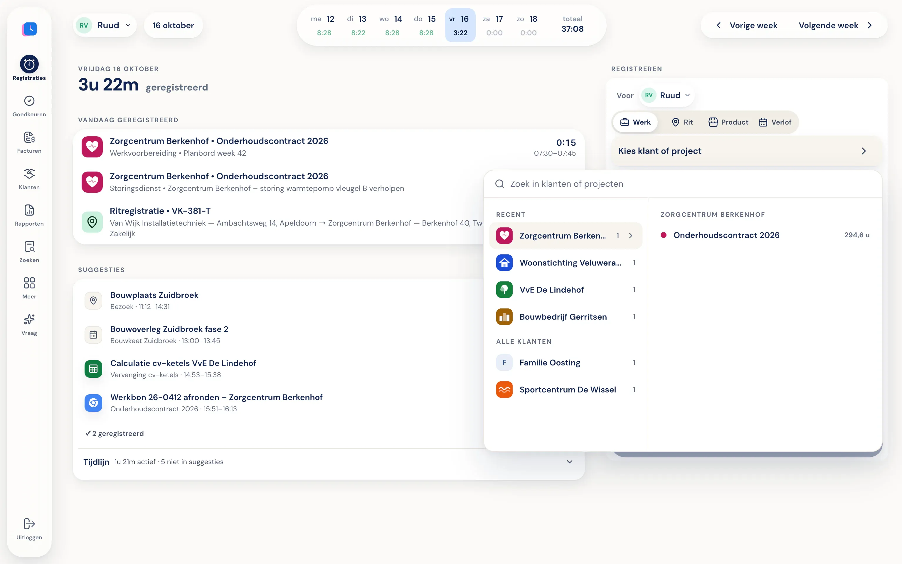 Registratieformulier met de klant- en projectkiezer open