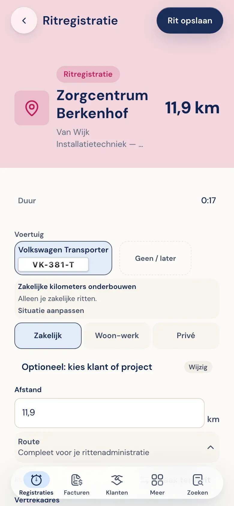 Een herkende rit van 11,9 km met voertuig, route en de keuze zakelijk, woon-werk of privé