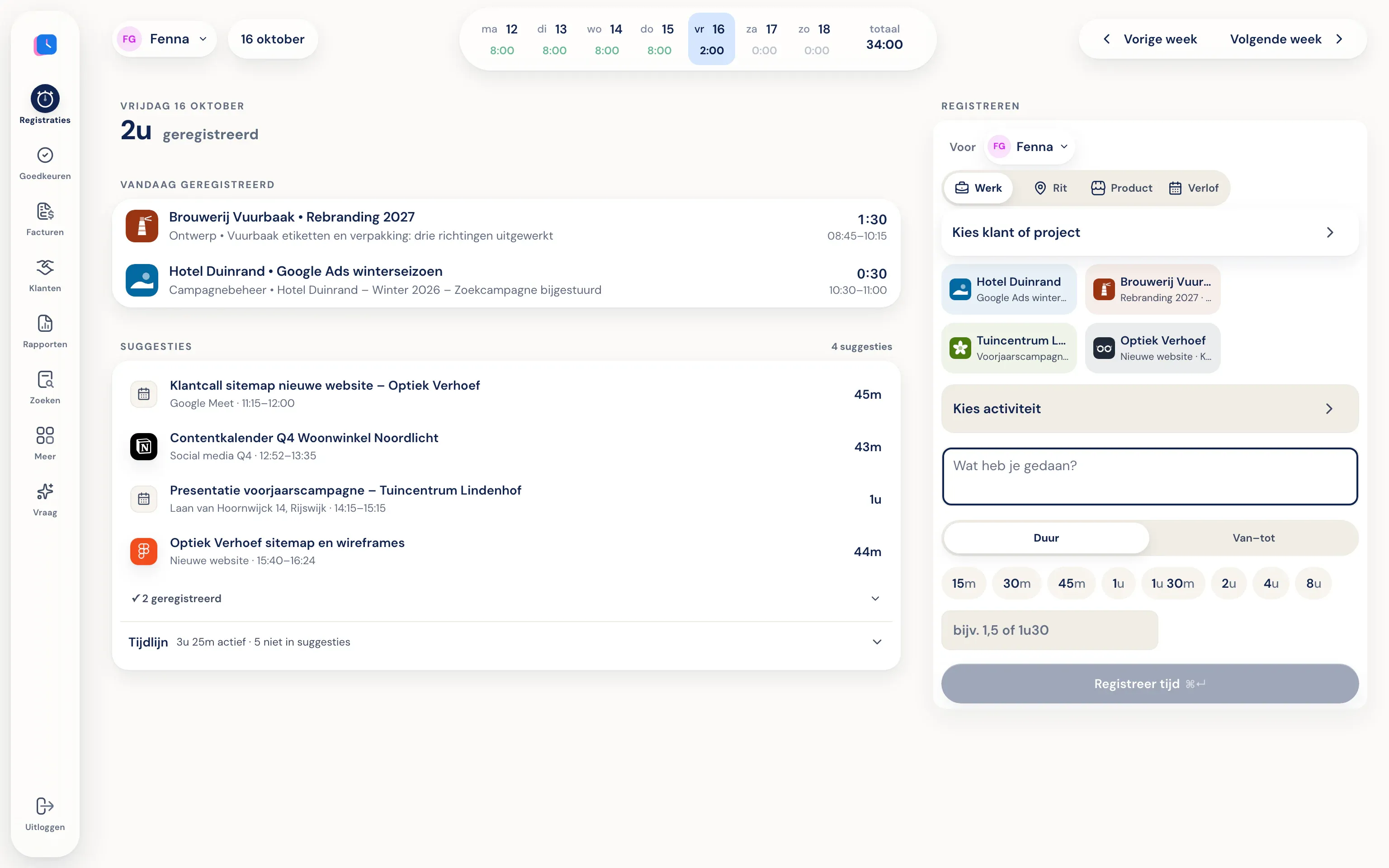 Suggesties uit Figma, Google Ads, Notion en de agenda onder de geregistreerde uren van vandaag