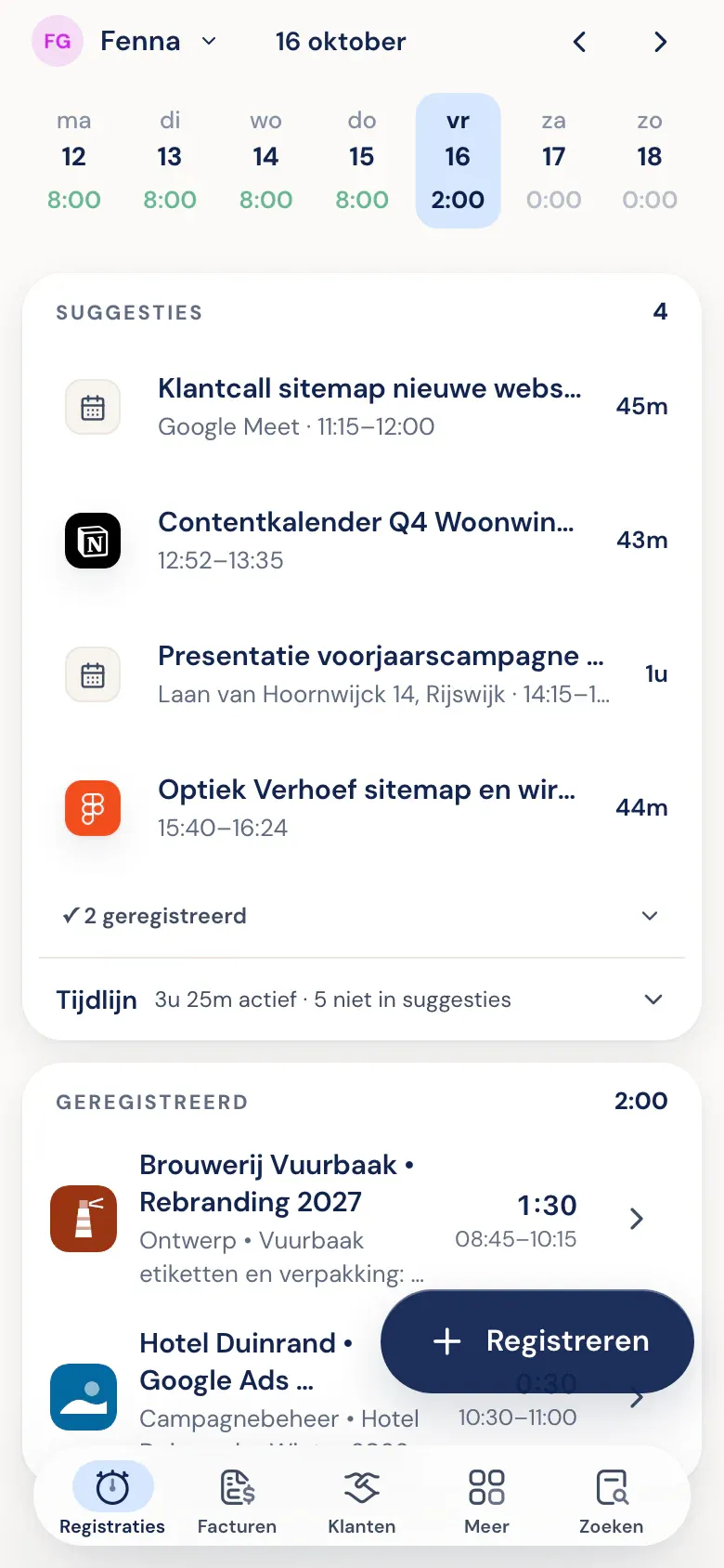 Op de telefoon: Suggesties uit Figma, Google Ads, Notion en de agenda onder de geregistreerde uren van vandaag
